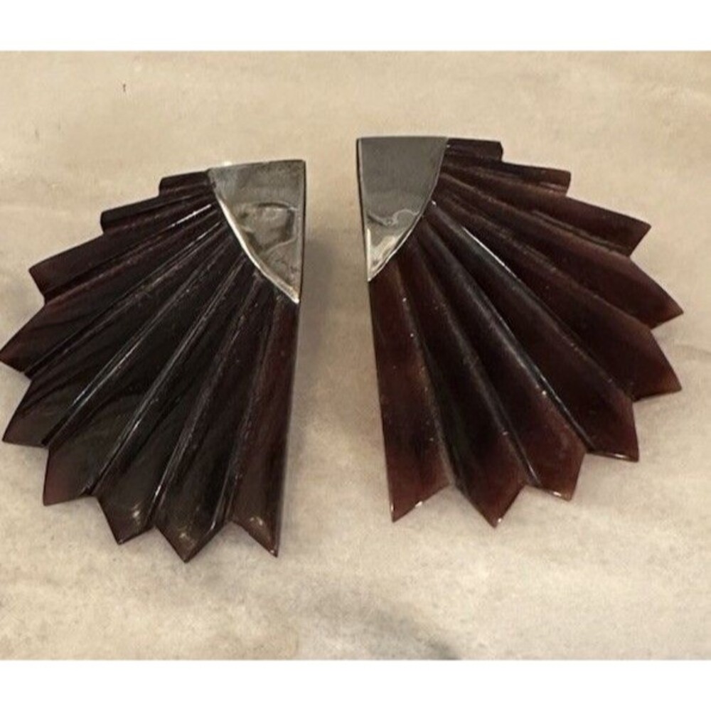 Vintage Art Deco pierced earrings Sterling Silver Horn Handcarved Fan Modern